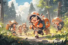 假期暑假孩春游笑脸儿童露营插画图片