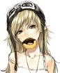 bakemonogatari biting blonde_hair doughnut face fang goggles head_tilt helmet jewelry long_hair makimura_shunsuke monogatari_(series) mouth_hold necklace oshino_shinobu sketch solo strap_slip yellow_eyes