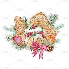 水彩画圣诞蛋糕和姜饼。手绘派、姜饼、冷杉和松树分枝，白色背景隔离。假日贺卡