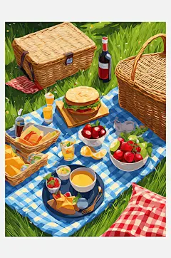 AI数字艺术户外野餐卡通插画-众图网
