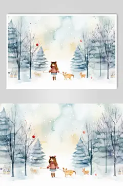AI数字艺术小雪之女孩花式赏雪插画