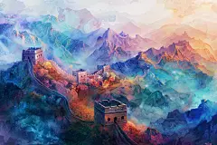 中式彩绘长城绘画图片
