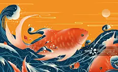 跃出海面的红色鲤鱼 创意中国风插画正版图片素材