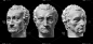 三尊古雕像加塔梅拉塔的石膏复制品，伊拉斯莫·迪·纳尔尼，头部孤立在黑色背景上。石膏雕塑人的脸。