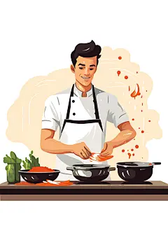 厨师烹饪美食制作扁平风插画