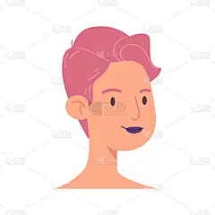 一个年轻女人的卡通脸。一个非正式的女孩的头，粉红色的短发和深色的口红。女性角色插图矢量孤立在白色背景