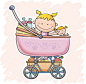 食品,礼物,玩具,球,娃娃_165905347_Baby girl sitting inside her stroller_创意图片_Getty Images China