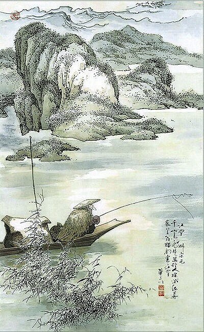 水墨画　独釣寒江雪 水墨画 独釣寒江雪 水墨画独釣寒江雪
