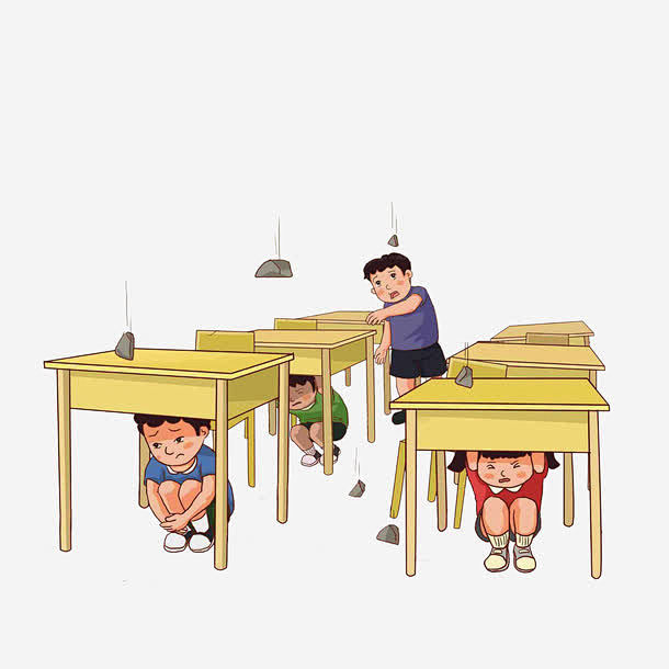 上课地震时应该躲在桌子下高清素材 卡通地震 双手护头 掉落的石头 躲在桌下的学生 免抠png 设计图片 免费下载