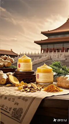 两瓶泥膜 摆在一张历史久远的木色条纹桌子上，桌子放着一些中药材，生姜，姜片，侧柏叶，姜黄粉，背景是在宫廷建筑 ，左侧光线，仰视 仰视 仰视