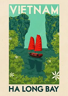 下龙湾越南葡萄酒旅行印刷品 - 下龙湾，越南海报，越南旅行，越南Trave