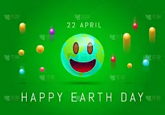 地球日快乐，用可爱的地球笑脸表情。3d Smiley卡通笑脸emoticon现代设计的社交网络，颜色
