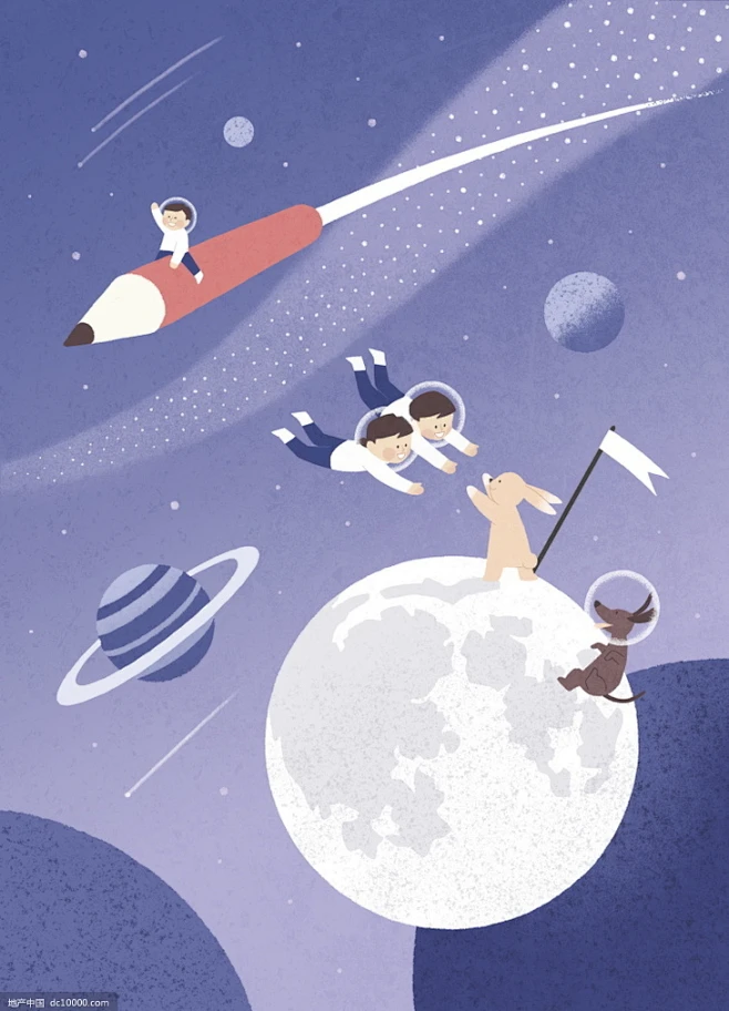 人物插画卡通童趣夜晚星空植物孩子宇宙海报-花瓣网