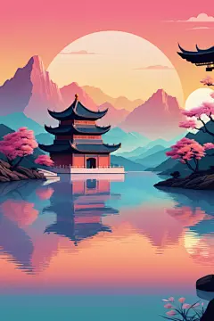 唯美国潮风扁平山水意境插画