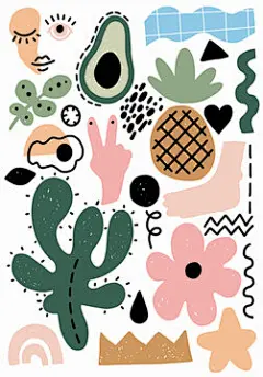 图源免费EPS |抽象形状矢量纹理。现代形状几何时尚图案。涂鸦艺术插图，白底图形设计。壁纸拼贴元素。简单的花，脸当代创意