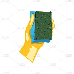 彩色图标的人的手在保护手套拿着海绵洗碗。厨房清洁工具。管家的主题。平面向量的设计
