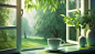 居家 清新 绿色树林 窗 咖啡 护眼风景4k壁纸