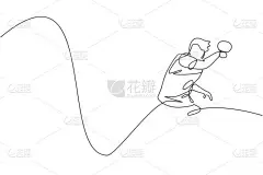 年轻敏捷男子乒乓球选手的单线连续拉线击中了球.体育运动的概念。乒乓球锦标赛促销媒体趋势一线图设计矢量