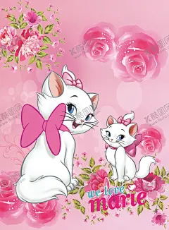 玛丽猫手绘花粉色背景 【酷图网】玛丽,猫,手绘,花,粉色背景,背影,玫瑰,分层素材,卡通,动漫