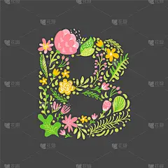 花夏天字母b花资本婚礼大写字母。五颜六色的字体，花和叶子。向量插图怪诞的斯堪的纳维亚风格