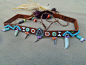 NATIVE HEADBAND choker necktie genuine leather OSTRICH feathers american indian hand painted beaded bohemian hippie leather headband