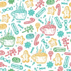 新年与圣诞无缝图案。手绘涂鸦香料热红酒和圣诞姜饼饼干。温暖的葡萄酒。假日壁纸。向量圣诞背景。