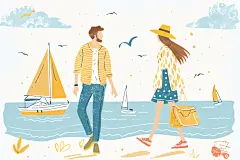 扁平风旅游手绘踏青插画