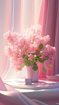 pink flowers in vase with a pedestal and curtain, in the style of rendered in cinema4d, formalist aesthetics, translucent overlapping, texture-rich surfaces, vray, soft and dreamy depictions, matte photo