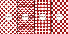 抽象几何红色无缝图案组合集。宣传册封面模板极小，圆点，三角形，棋牌，野餐桌布，花衣，壁纸系列。