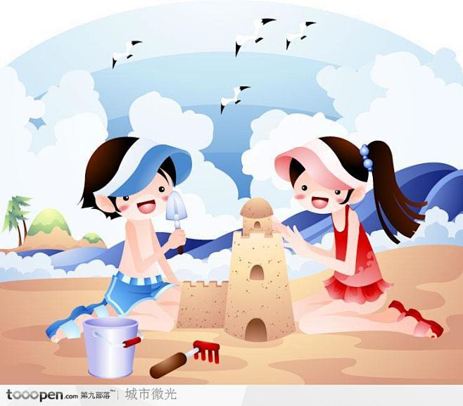 美好童年插画－沙滩上堆砌城堡的孩子们