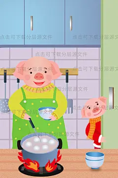 2019新年猪年插画过年中国风海报贴春联手绘 插画中国风过年除夕春节贴对子福红灯笼 欢乐 喜庆情侣传统习俗