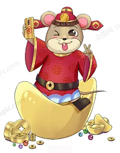 红色财神爷金元宝鼠年卡通插画设计