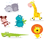 6款卡通动物设计矢量素材，素材格式：EPS，素材关键词：狮子,鳄鱼,猴子,长颈鹿,卡通,河马,野生动物