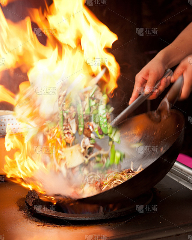 火焰,炒菜锅,煎锅,中国食品,火,锅,刮刀,商业厨房,准备食物,饮食产业