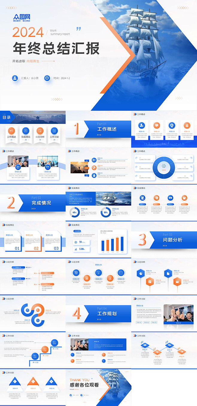 蓝色企业风年终总结报告PPT模板-众图网