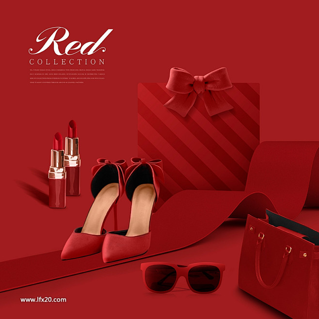 高端时尚化妆品口红礼盒丝带靴子红色背景海...