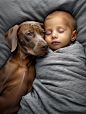 a baby sleeping with her dog on a pillow, in the style of william wegman, i can't believe how beautiful this is, david yarrow, gray and amber, #screenshotsaturday, emphasis on facial expression