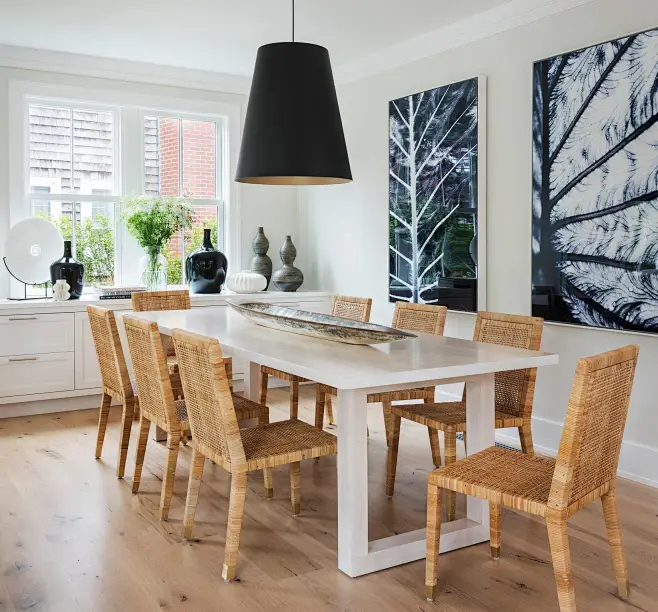 Dining room - large coastal light wood floor and brown floor dining ...