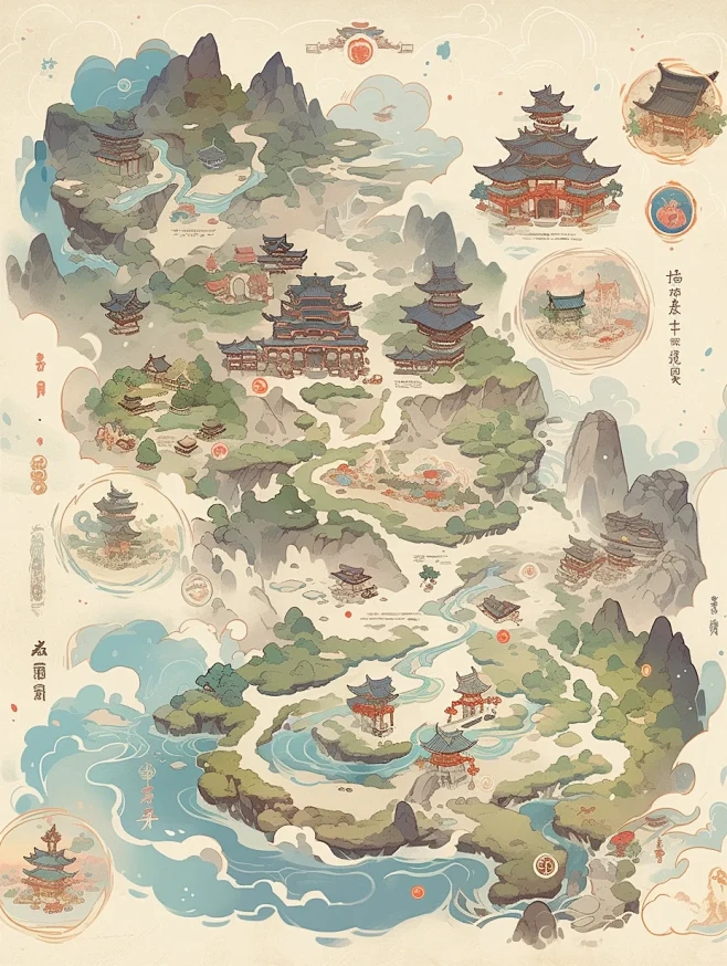 Ai绘画|古风地图系列-花瓣网