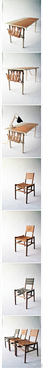 瑞典设计师David Ericsson在斯德哥尔摩 Carl Malmsten设计学院的毕业作品。书桌用桦木制作，桌布和一侧的可收放置物带为植鞣革材质。外形原本平淡无奇，但皮革的运用和置物带的简单机械构造，使其显得十分独特。椅子用榉木制成，靠背和坐垫为编织或全皮植鞣革。