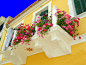 黄色的外观与装饰着鲜花的阳台。Gaios，Paxos岛屿，希腊，爱奥尼亚   很温暖