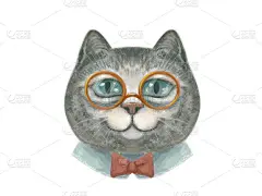 插图的一个有趣可爱的猫与眼镜和蝴蝶结的肖像