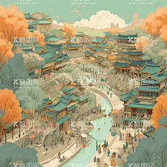 江南小镇国潮插画  - 源文件下载【酷图网】江南小镇,国潮,插画,鸟瞰,参考