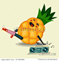 Cute Pineapple cartoon character doing fitness exercise and listening boombox stereo cassette recorder. Healthy eating and sport. Flat retro style illustration concept.