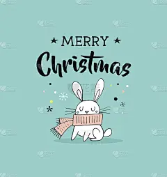圣诞快乐手绘插图和贺卡与兔子