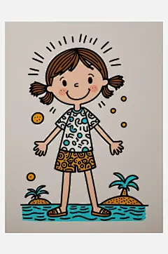 数字艺术插画版画海边女孩线条画扁平风装饰-众图网