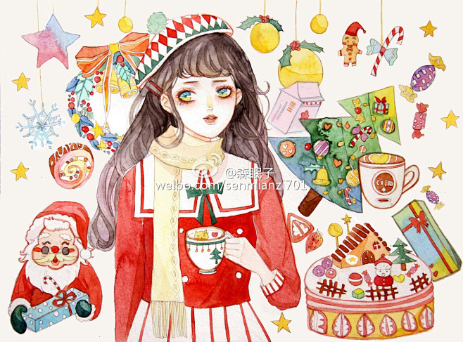 水彩画 手绘 插画 女孩 作者微博by ...