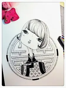 缠绕画，黑白装饰画，民族风，线描，插画，原创插画，原创，绽放的花朵，中国风