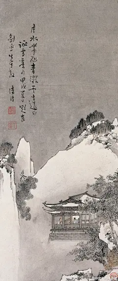 【 溥儒 《雪景山水图》 】溥儒得传统正脉，受马远、夏圭的影响较深。他在传统山水画法度严谨的基础上灵活变通，创造出新，开创自家风范。溥心畲的清朝皇室后裔的特殊身份使他悟到荣华富贵之后的平淡才是人生至境，因而他在画中营造的空灵超逸的境界令人叹服。