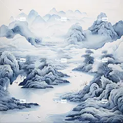 传统的青花瓷风格水墨风景画。该画以山和驱动器为主题，山脉起伏